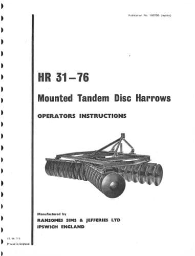 Ransomes HR31-76 Mounted Tandem Disc Harrows Operators Manual