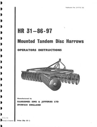 Ransomes HR31-86-97 Mounted Tandem Disc Harrows Operators Manual