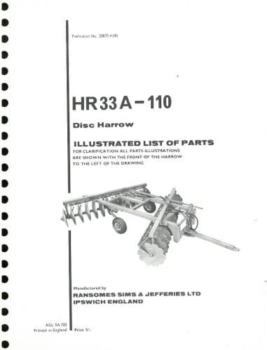 Ransomes HR33A-110 Disc Harrows Parts Manual