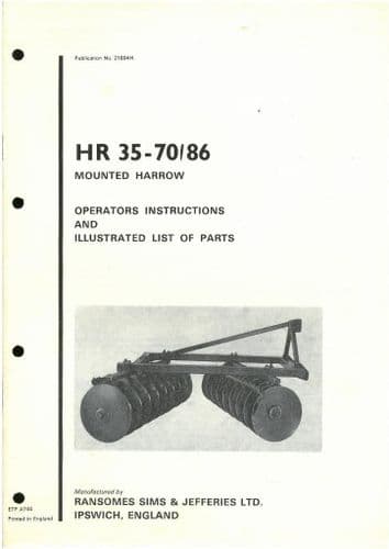 Ransomes HR35 - 70-86 Disc Harrows Operators Manual with Parts List