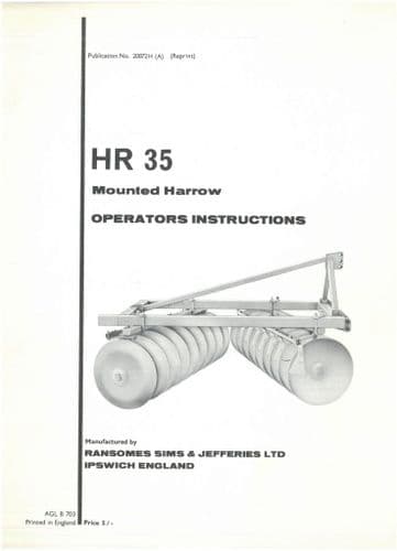 Ransomes HR35  Disc Harrows Operators Manual with Parts List