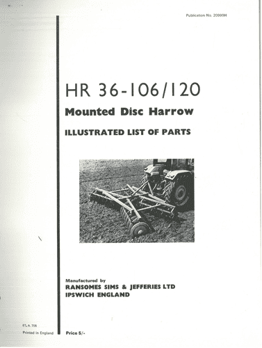 Ransomes HR36-106/120 Mounted Tandem Disc Harrows Illustrated List of Parts