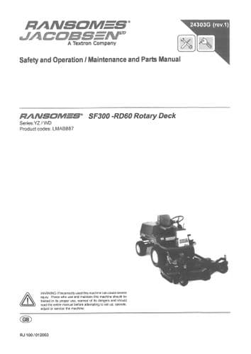 Ransomes Jacobsen Rotary Deck SF300-RD60 Operators Manual with Spare Parts List