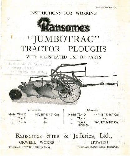 Ransomes Jumbotrac Tractor Ploughs Operators and Parts List Manual
