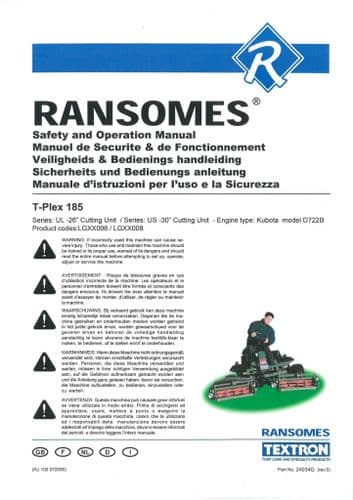 Ransomes Lawn Gang Mower T-Plex 185 Operators Manual