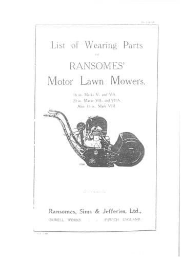 Ransomes Lawn Mower 16" MkV, VA, VIII  & 20" VII, VIIA Parts Manual