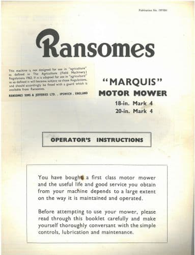 Ransomes "Marquis" Motor Mower 18" Mark 4 Mk4 & 20" Mark 4 Mk4 Operators Manual