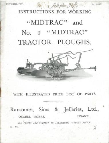 Ransomes Midtrac and No.2 Midtrac Tractor Plough Operators Manual with Parts List