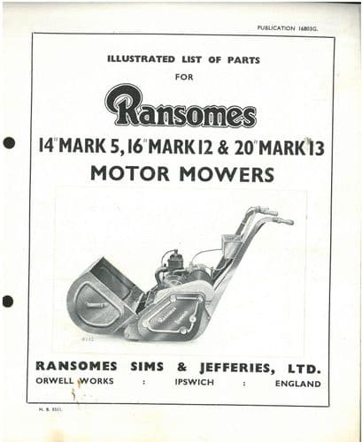 Ransomes Motor Lawn Mower 14" Mk 5 , 16" Mk 12 & 20, 20" Mk 13 Parts Manual