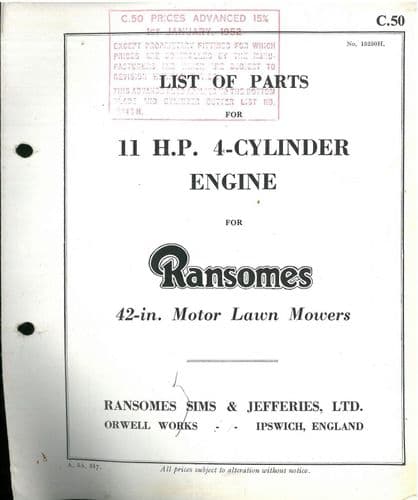 Ransomes Motor Lawn Mowers 4 Cylinder Engine 11 H.P. Parts Manual