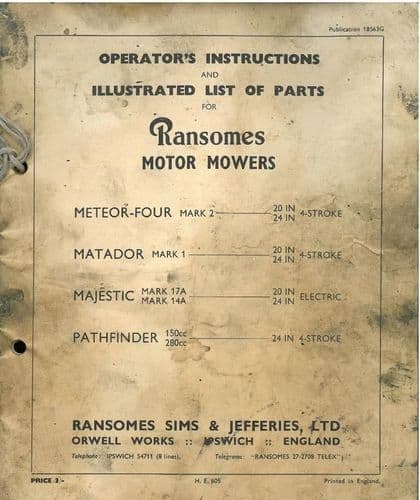 Ransomes Motor Mower - Meteor-Four, Matador, Majestic, Pathfinder Operators Manual with Parts List