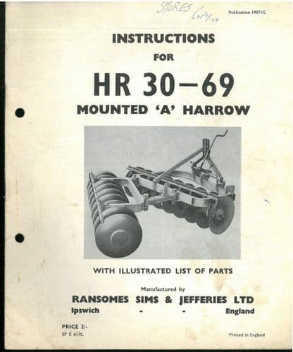 Ransomes Mounted 'A; Harrow HR 30-69 Operators Manual & Parts List -  HR3069