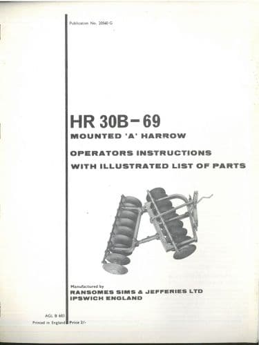 Ransomes Mounted 'A; Harrow HR 30B-69 Operators Manual Including Parts List - HR30B69