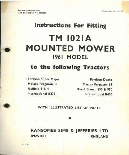 Ransomes Mounted Mower TM1021A Operators Manual - TM 1021 A - 1961 Model