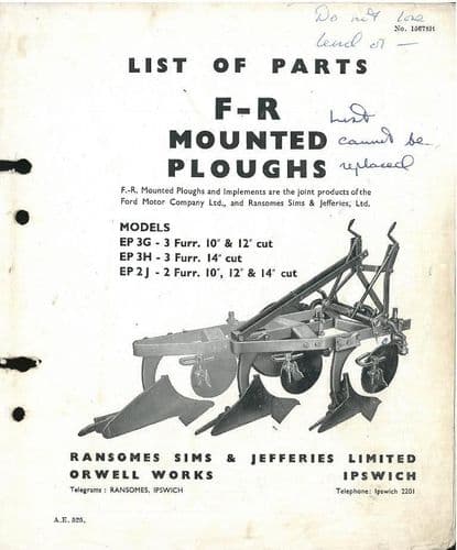 Ransomes Mounted Plough EP3G EP3H EP2J Parts Manual