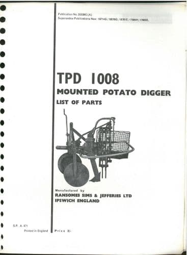 Ransomes Mounted Potato Digger TPD 1008  Parts Manual - TPD1008