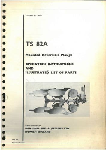 Ransomes Mounted Reversible Plough TS 82A Operators and Parts List Manual - TS82A TS 82 A