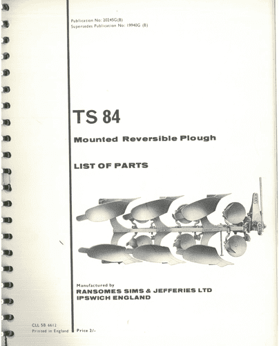 Ransomes Mounted Reversible Plough TS84 Parts Manual