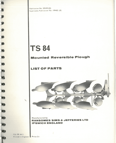 Ransomes Mounted Reversible Plough TS84 Parts Manual