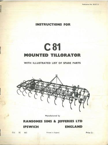 Ransomes Mounted Tillorator C81 Operators Manual & Spare Parts List