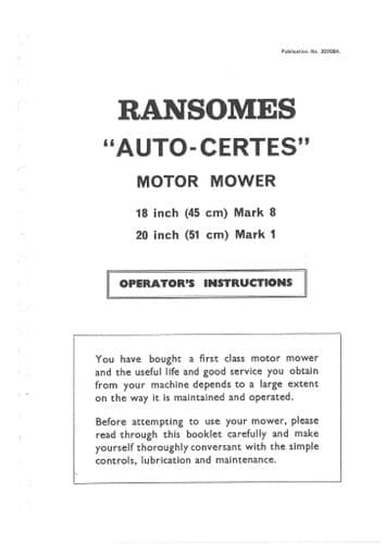 Ransomes Mower Auto-Certes 18" Mk 8 20" Mk 1 & 2 Operators Manual