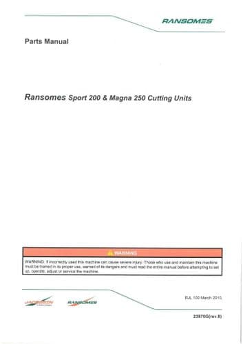 Ransomes Mower Cutting Unit Sport 200 & Magma 250 Parts Manual