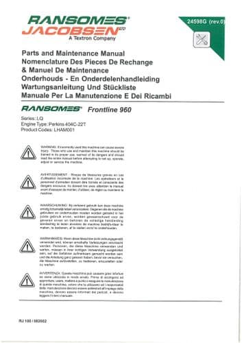 Ransomes Mower Frontline 960 Operators Manual & Parts List