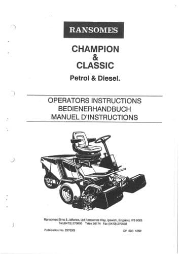 Ransomes Mower Greens Triple Claasic & Champion Operators Manual