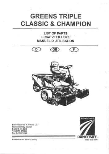Ransomes Mower Greens Triple Claasic & Champion Parts Manual