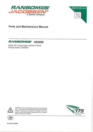 Ransomes Mower HR3806 Operators Manual with Parts List - HR 3806
