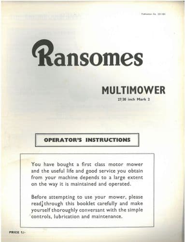 Ransomes  Multimower 27" & 30" Mark 2 Mk2 Operators Manual