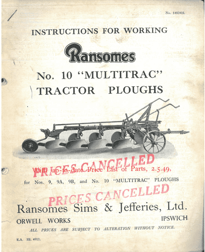 Ransomes Multitrac Trailed Plough No 10 Operating Manual with Illustrated Parts List