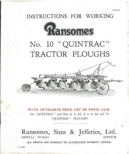 Ransomes No.10 Quintrac Plough Operators Manual with Parts List