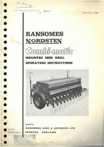 Ransomes Nordsten Combi-Matic Mounted Seed Drill Operators Manual
