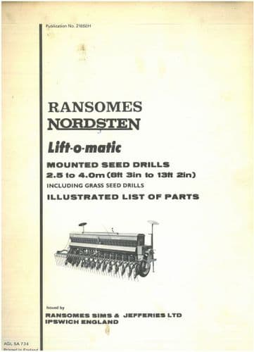 Ransomes Nordsten Lift-o-Matic Mounted Seed Drill 2.5m - 4m Parts Manual