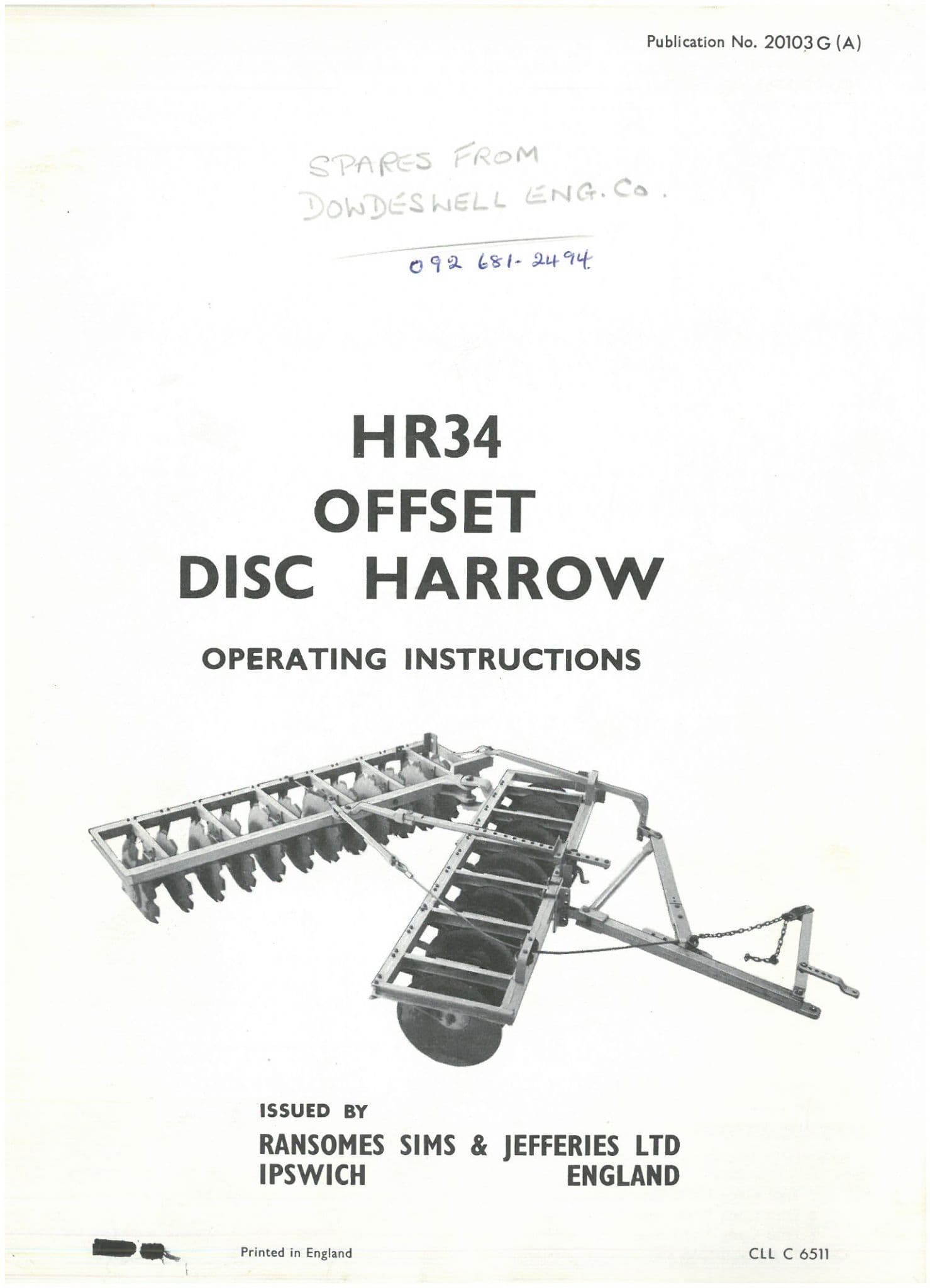 Operator Disc Ransomes Offset Disc Harrow HR34 Operators Manual - ORIGINAL