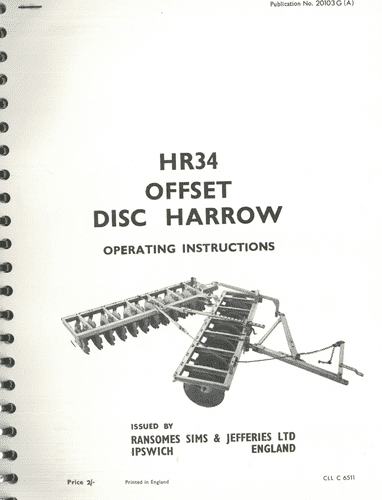 Ransomes Offset Disc Harrow  HR34 Operators Manual