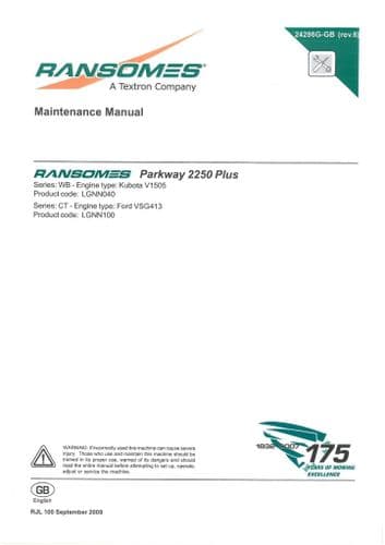 Ransomes Parkway 2250 Plus Ride On Reel Mower Maintenance Manual with Schematics