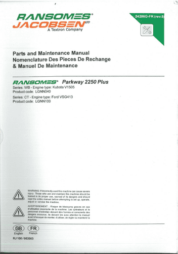 Ransomes Parkway 2250 Plus Ride On Reel Mower Operators Manual with Parts List