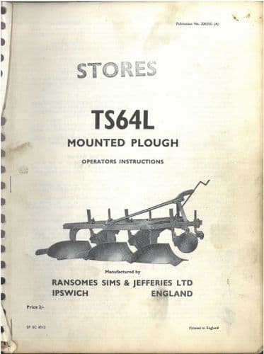 Ransomes Plough TS64 L Mounted Plough Operator & Parts Manual