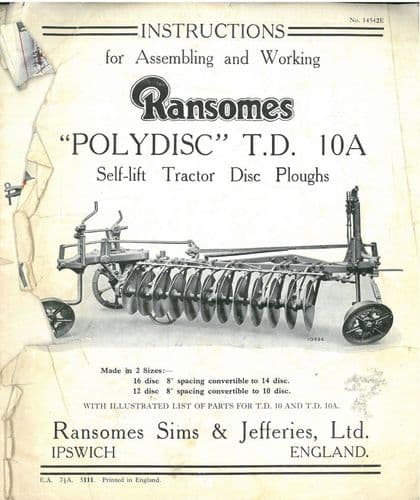 Ransomes Polydisc Self Lift Tractor Disc Plough TD10A Operators Manual with Parts List