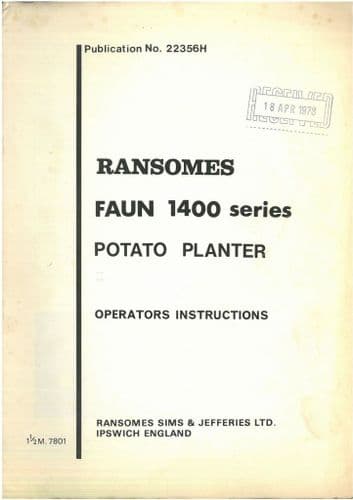 Ransomes Potato Planter Faun 1400 Series Operators Manual