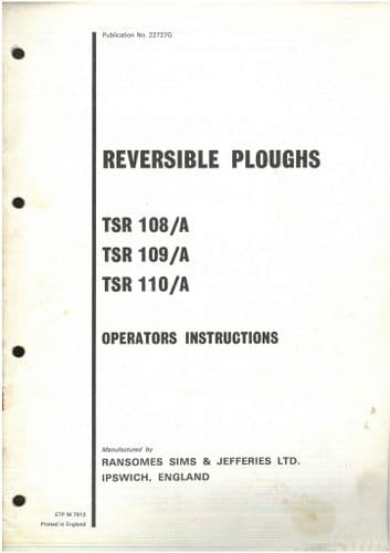 Ransomes Reversible Plough TSR 108/A TSR 109/A TSR 110/A Operators Manual