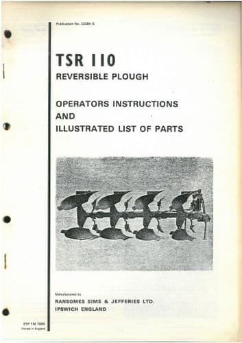Ransomes Reversible Plough TSR 110 Operators and Parts List Manual - TSR110