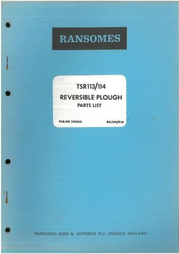 Ransomes Reversible Plough TSR113 TSR114 Parts Manual - TSR 113 114