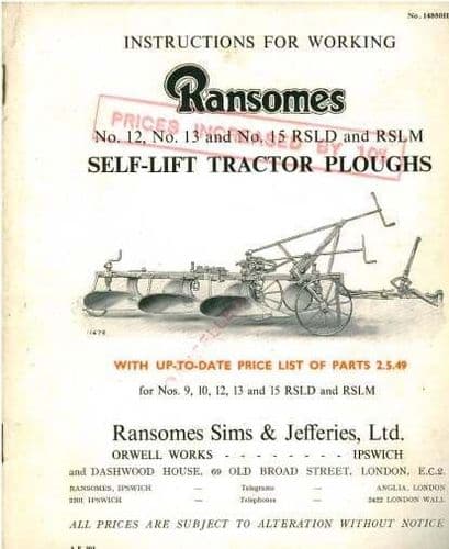 Ransomes RSLD & RSLM 12, 13 & 15 Self Lift Tractor Plough Operators Manual and Parts List