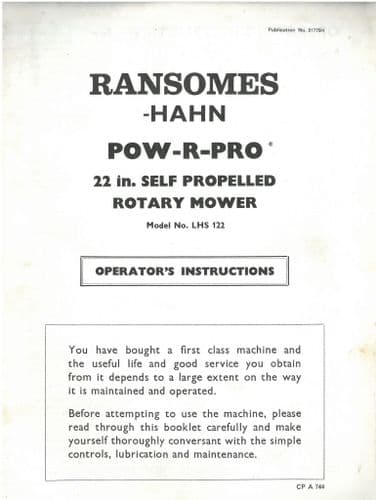 Ransomes Self Propelled Rotary Mower Pow-R-Pro (Power) 22"  Operators Manual 22 Inch