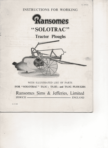 Ransomes "Solotrac" Tractor Ploughs TS.1C, TS.1E, TS.1G Operators and Parts List Manual - TS1