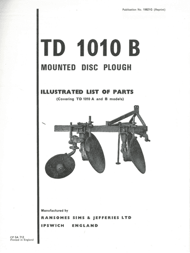 Ransomes TD 1010 B Mounted  Disc Plough Operators Manual with Parts List