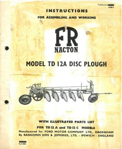Ransomes TD12A FR Nacton Disc Plough Operators Manual with Parts List